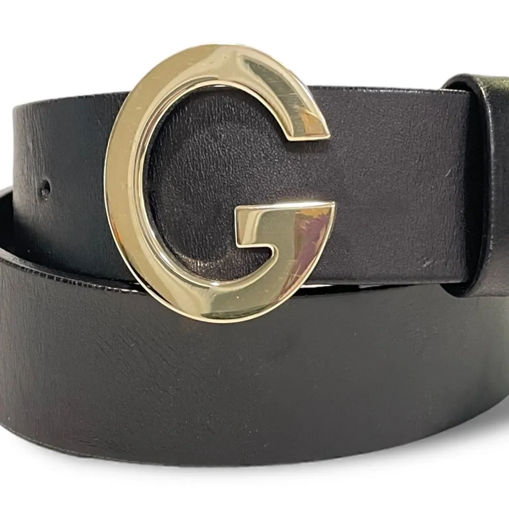 GUCCI Womens Champagne Gold G Buckle Black Leather Belt |Size: 32”|